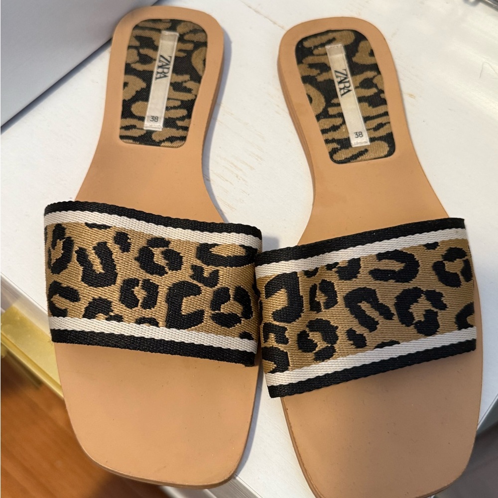 Zara Animal Print Slide Sandals - Tan and Black